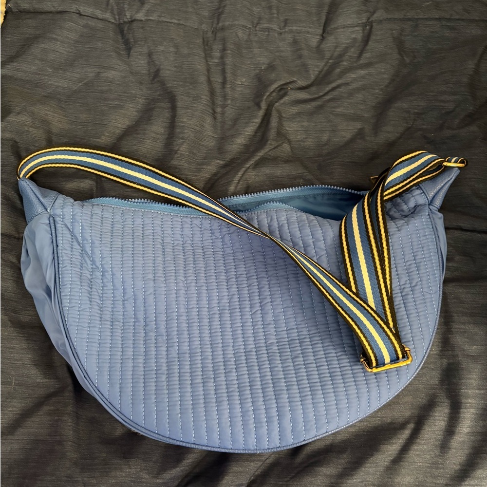 Shiraleah Chicago Blue Quilted Hobo Bag with Striped Strap. New with bag cover